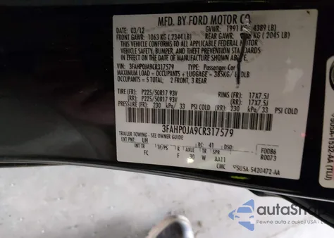 2012 Ford Fusion Sel z USA, uszkodzony, nr VIN 3FAHP0JA9CR317579